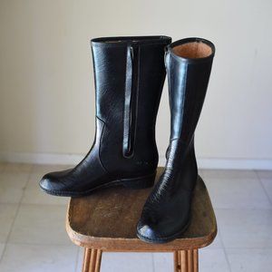 Vintage Waterproof Tall Black Rubber Fur Lined Winter Rain Boots w Heel